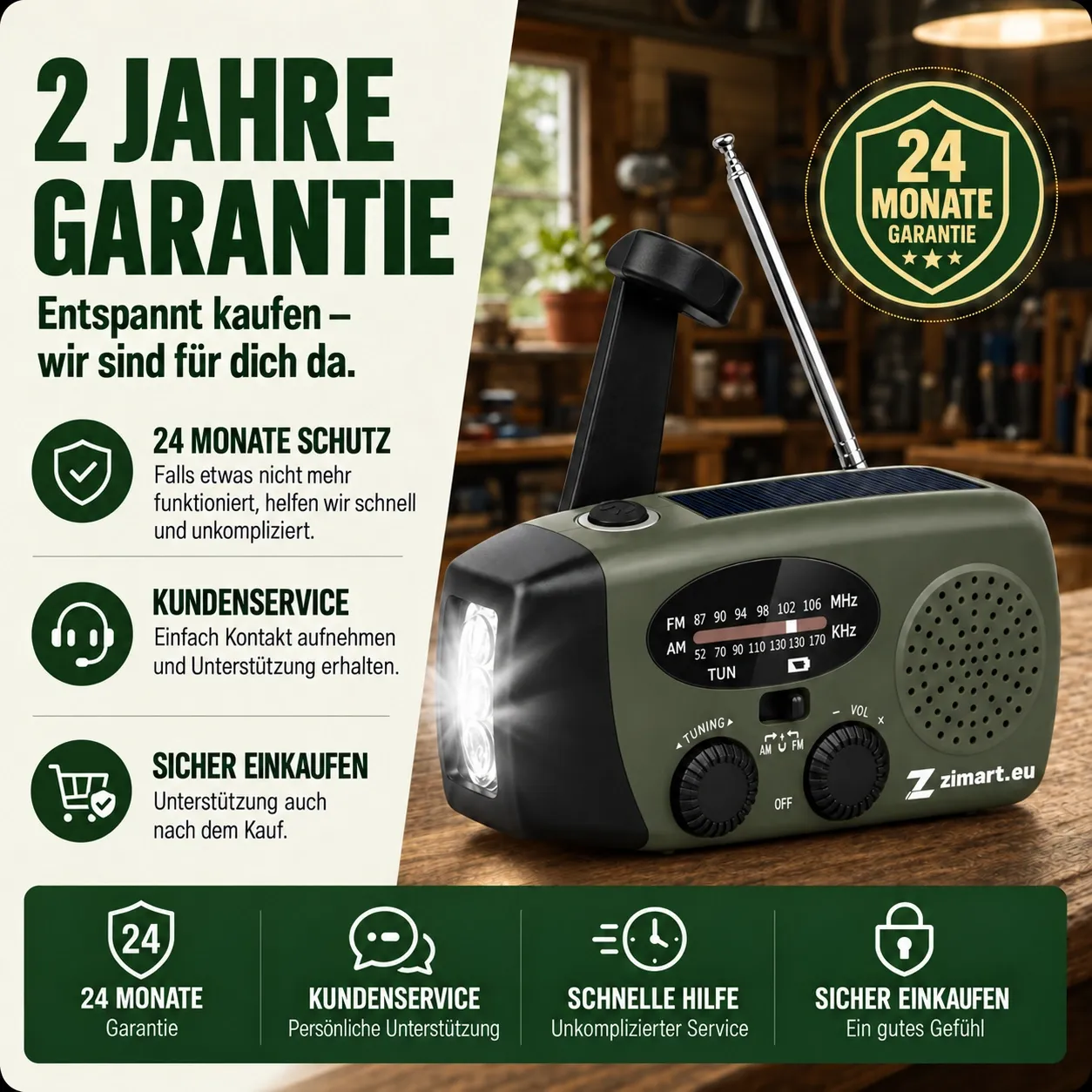 2 Jahre Garantie auf das ZIMART Notfallradio