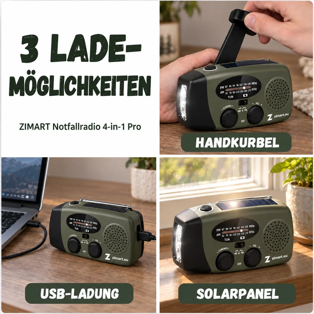 Drei Lademöglichkeiten: Handkurbel, USB-Ladung, Solarpanel