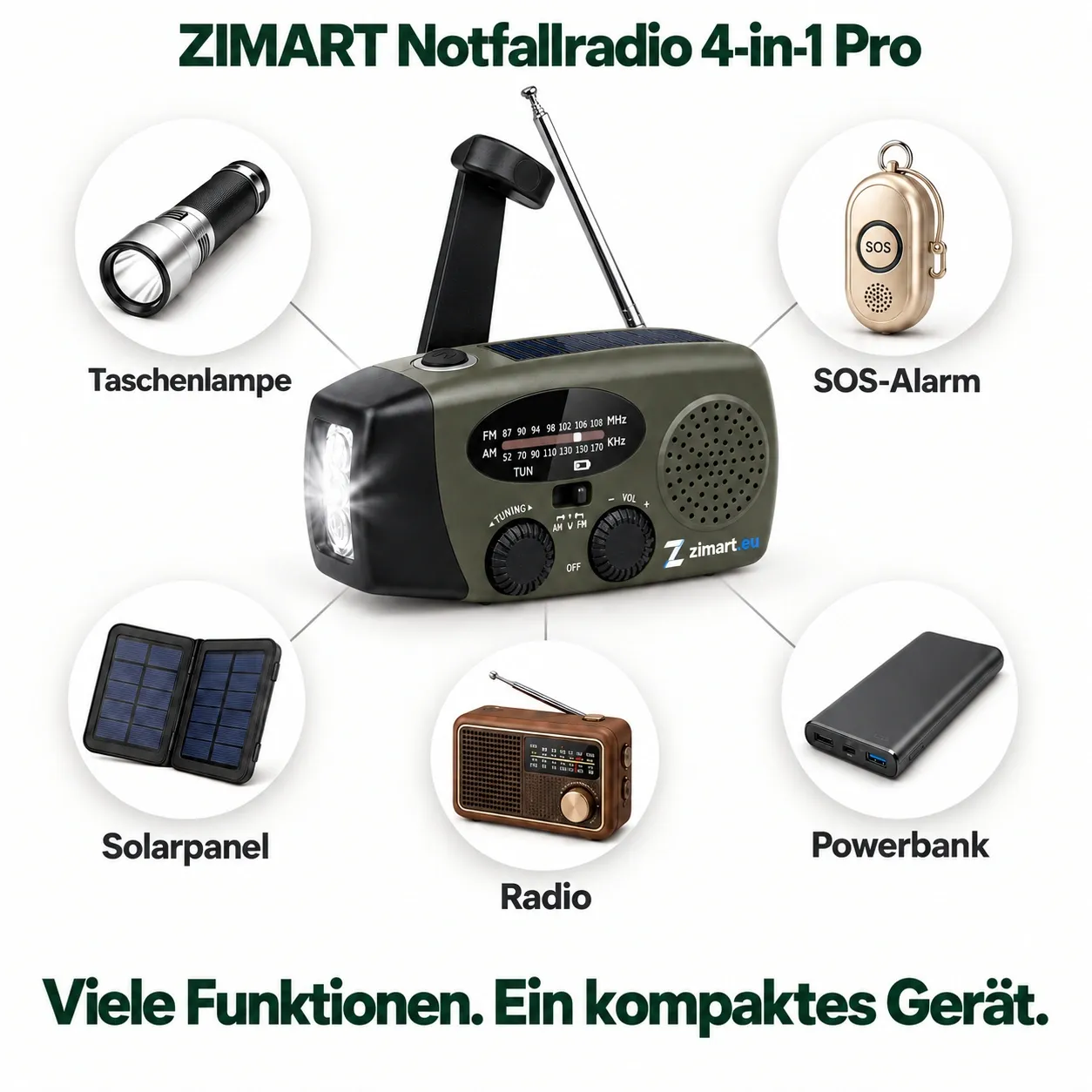 Viele Funktionen in einem kompakten Gerät: Taschenlampe, SOS-Alarm, Solarpanel, Radio, Powerbank