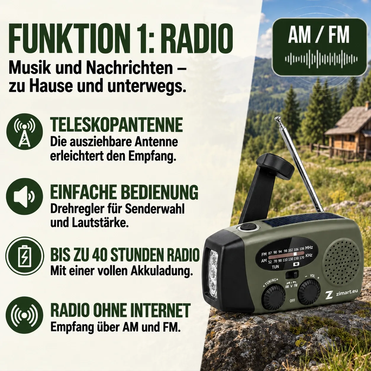 Funktion Radio: AM/FM-Empfang mit Teleskopantenne