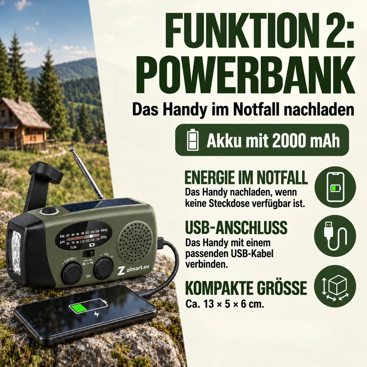 Funktion Powerbank: Handy im Notfall mit 2000-mAh-Akku nachladen