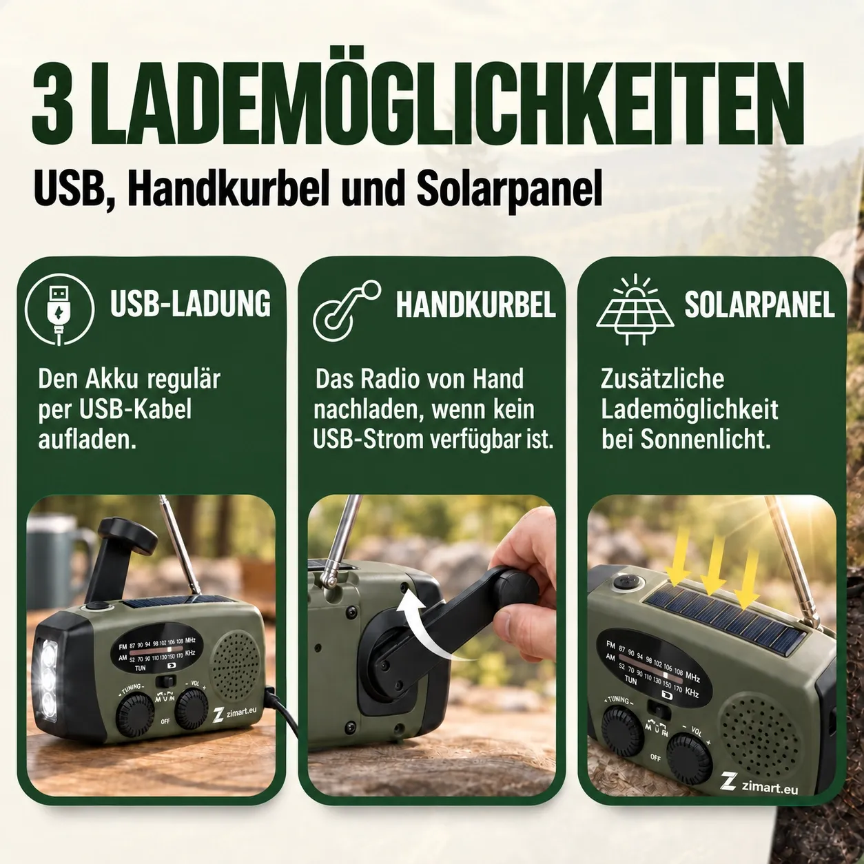 Drei Lademöglichkeiten: USB-Kabel, Handkurbel und Solarpanel